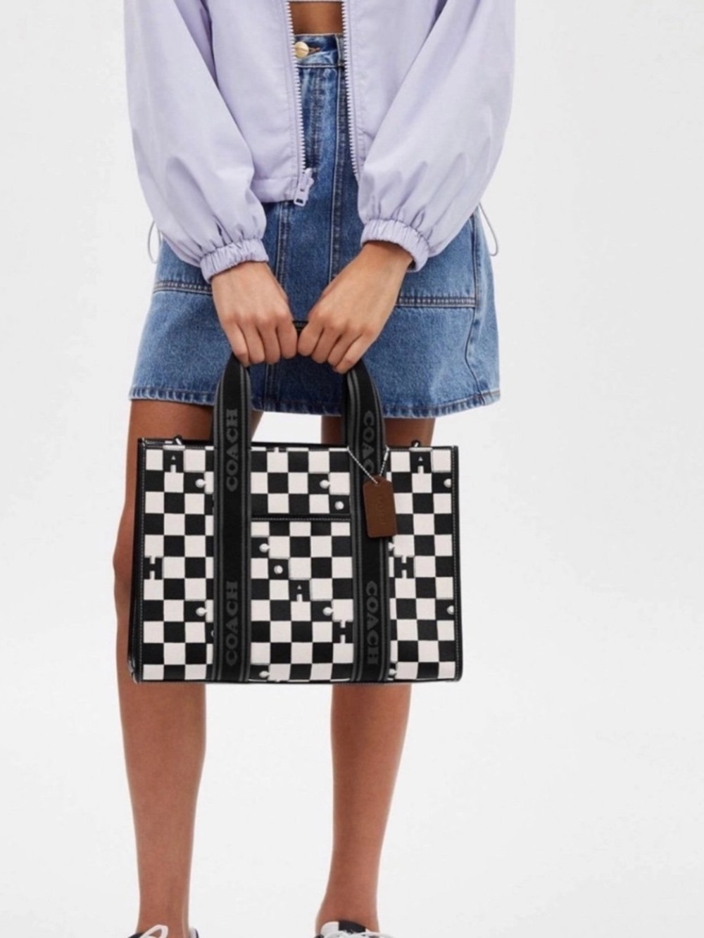 Coach Black & White Checker Tote with Pink Cherry Charm NWOT retail $528.00 - Picture 3 of 9